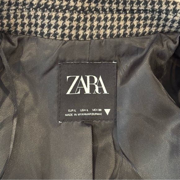 Zara Houndstooth Shoulder-pad Brown Blazer, Wool Blend, Size L, Classic Career - Picture 8 of 12